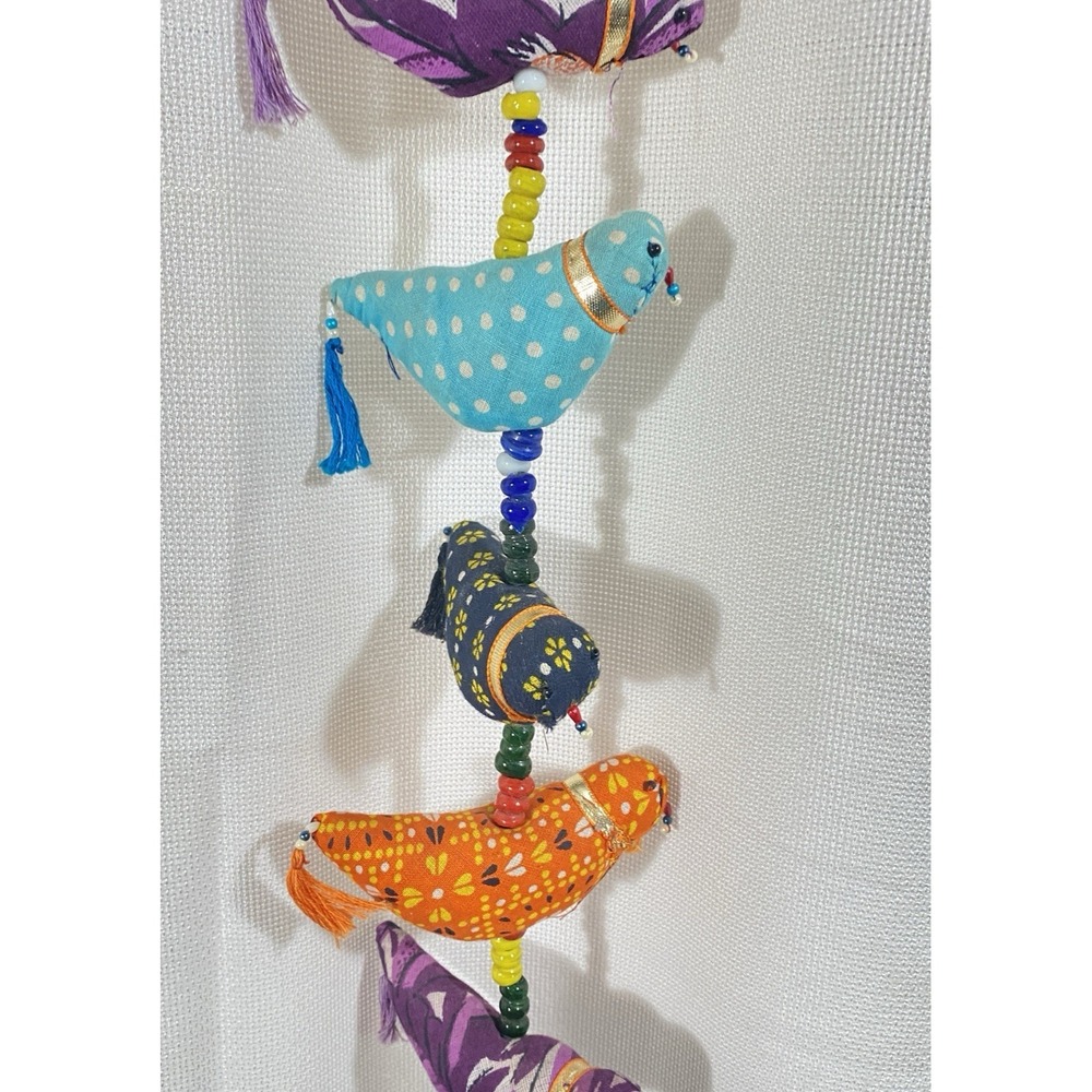 VTG Prosperity Birds Large 54" Garland Beaded Beaks Fabric Sequins Bell Cute‎